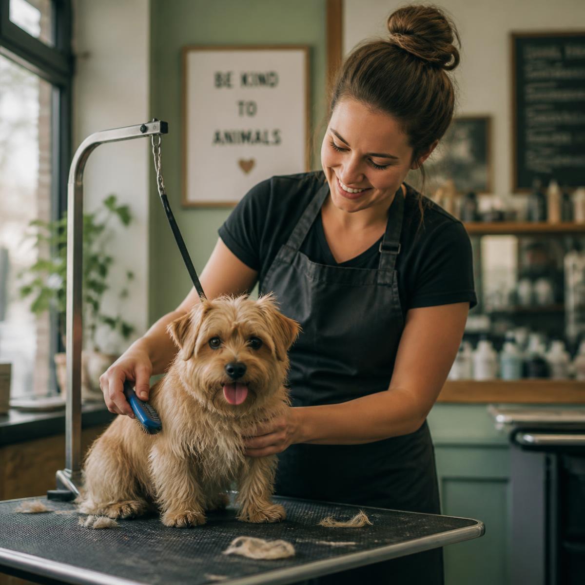 Groomer brushing a small terrier on a grooming table at the Buena Park shop
