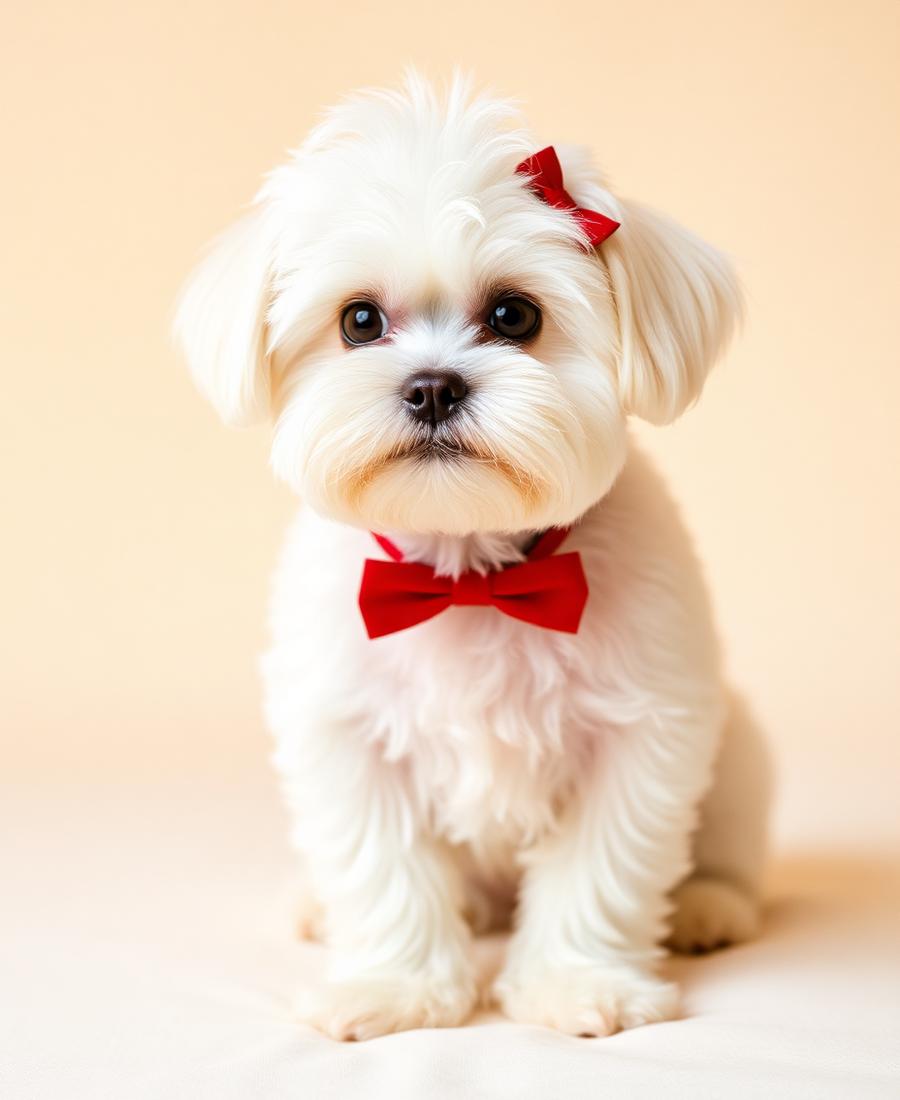 Freshly groomed white Maltese wearing a small red bow