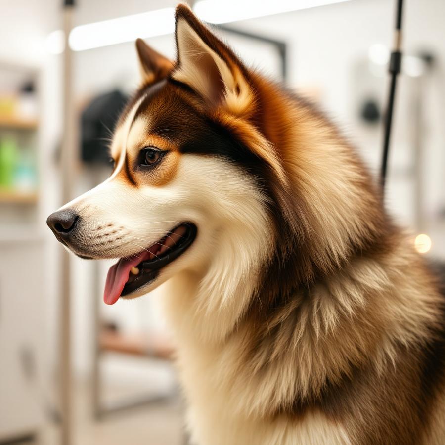 Groomed husky in profile with a clean fluffy coat
