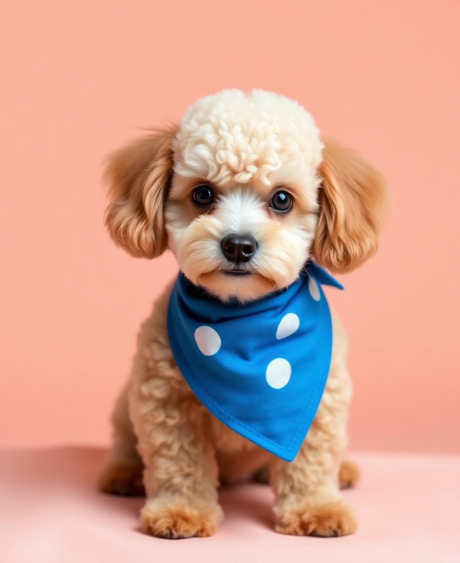 Poodle with a teddy bear cut wearing a blue bandana