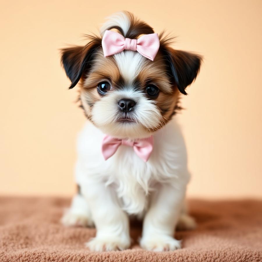 Shih tzu puppy with a pink top knot bow after grooming