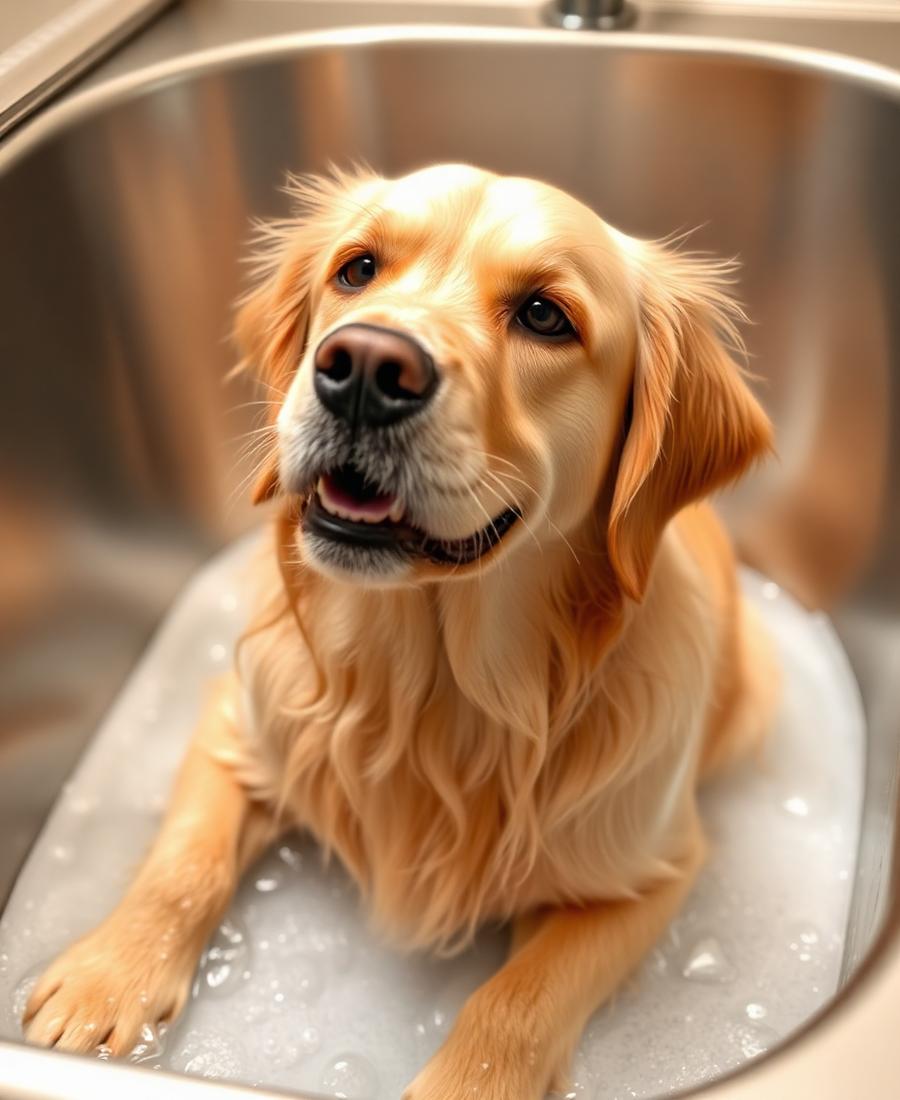 Golden retriever enjoying a bath in a grooming tub