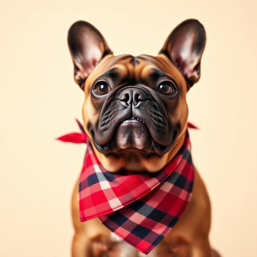 French bulldog wearing a red plaid bandana after a groom