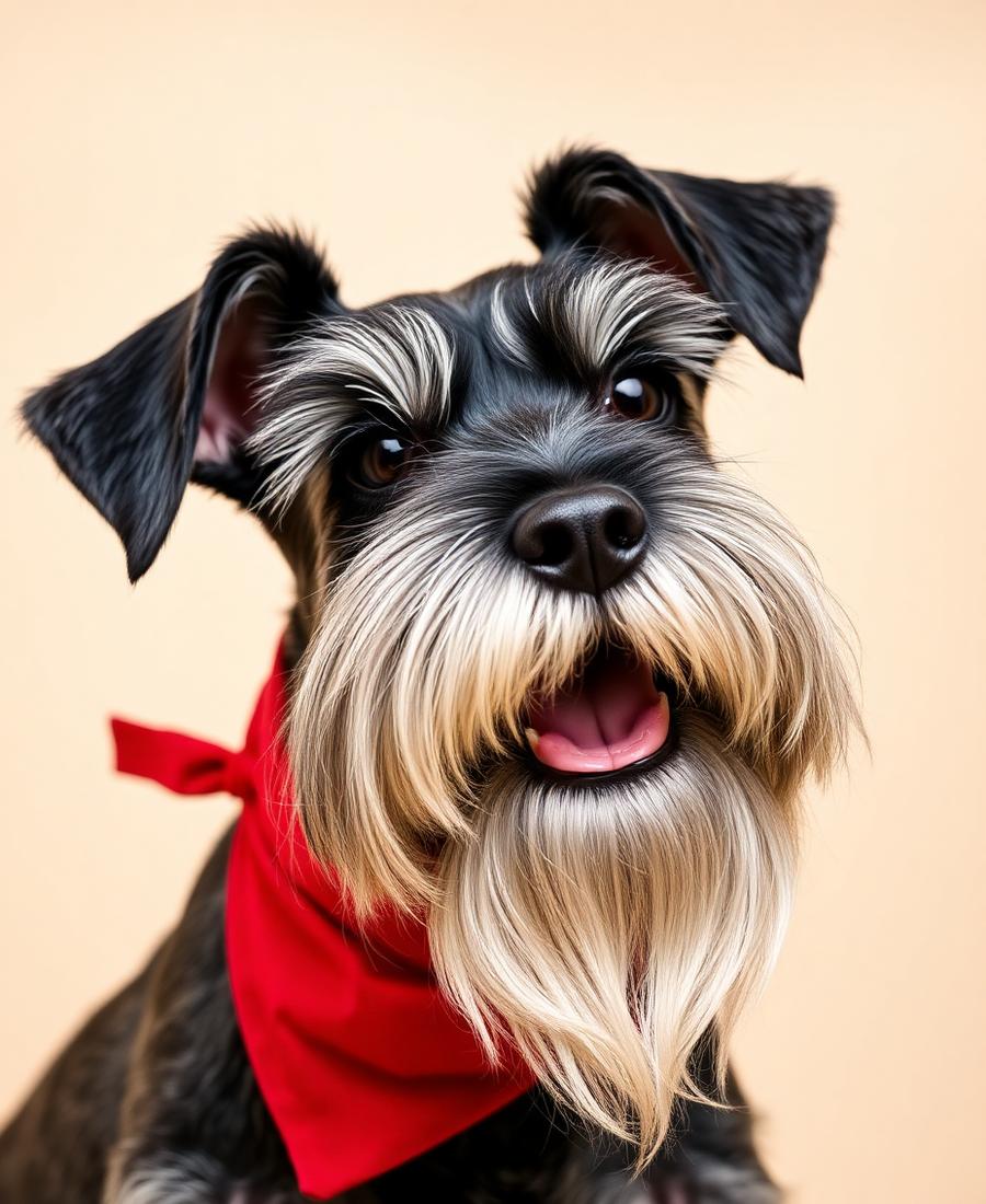 Schnauzer with a neatly trimmed beard and red bandana