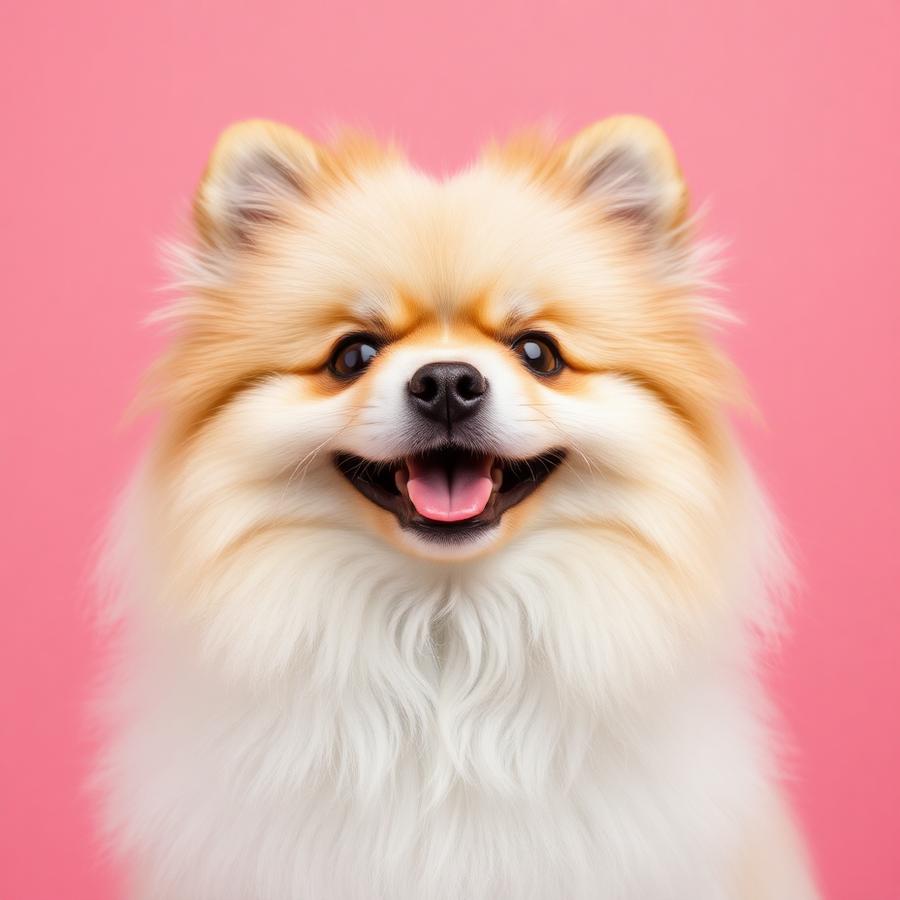 Fluffy pomeranian smiling after a full groom