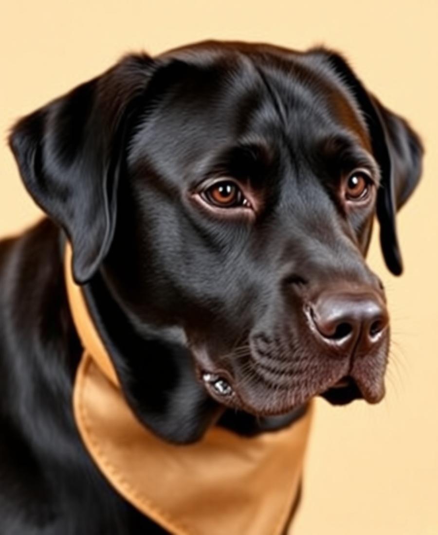 Senior black labrador wearing a gold bandana