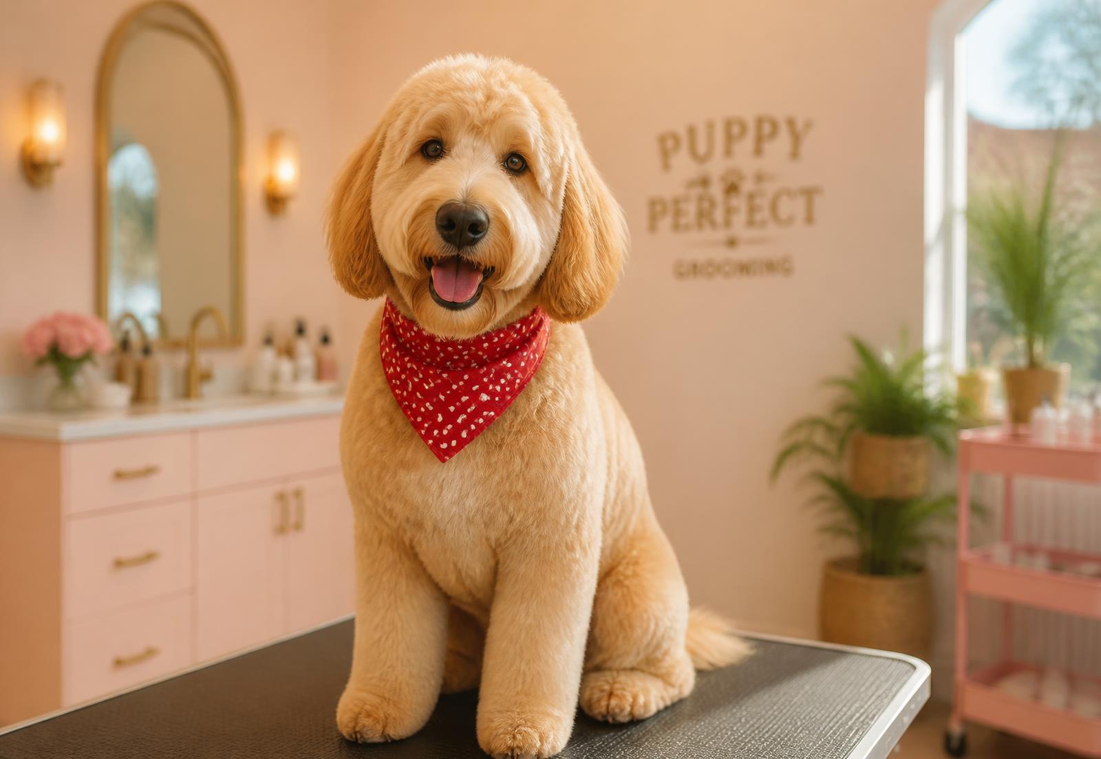 Freshly groomed golden doodle wearing a red bandana in the grooming salon