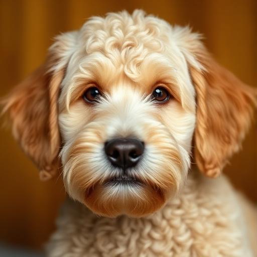 Portrait of a cream goldendoodle after grooming