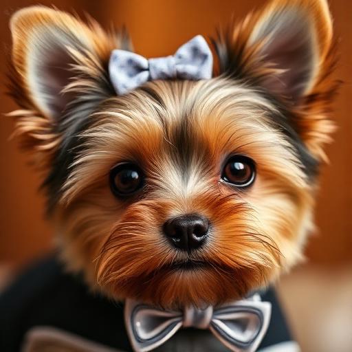 Portrait of a yorkie wearing a bow
